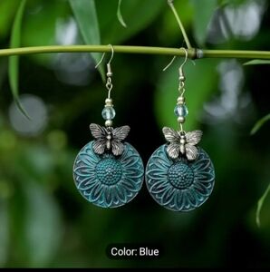 Blue Bohemian Sunflower Earrings with Butterflies 🌻🦋